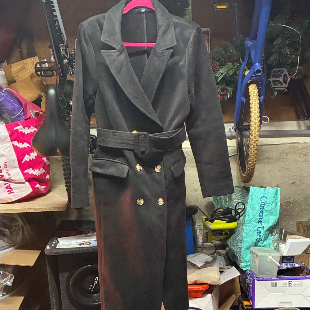 Fashion Nova Black Trench Coat with Brown Buttons